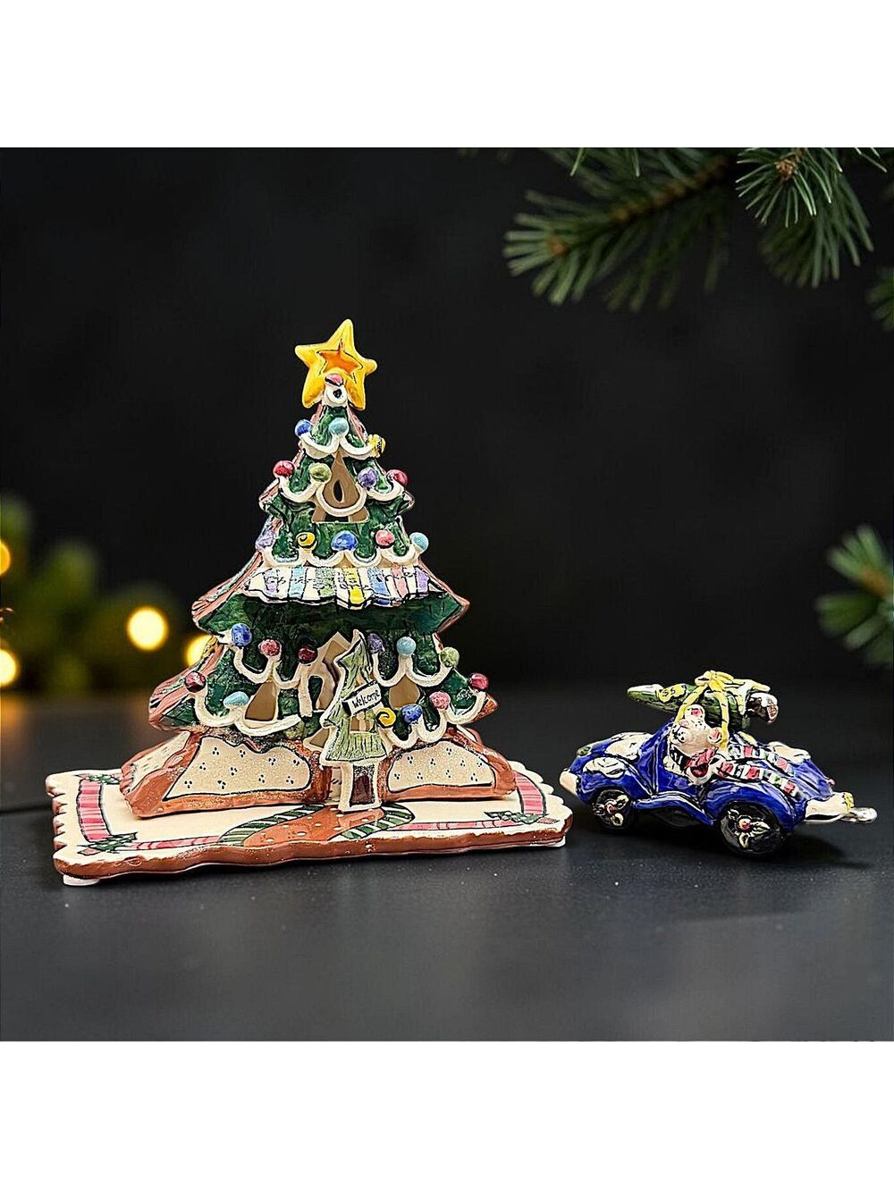 Vtg. Blue Sky Clayworks Heather Goldminc Christmas Tree P. Bear Car Set 2002
